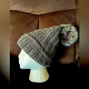 Women’s Gray Crocheted Hat with pom pom - OS